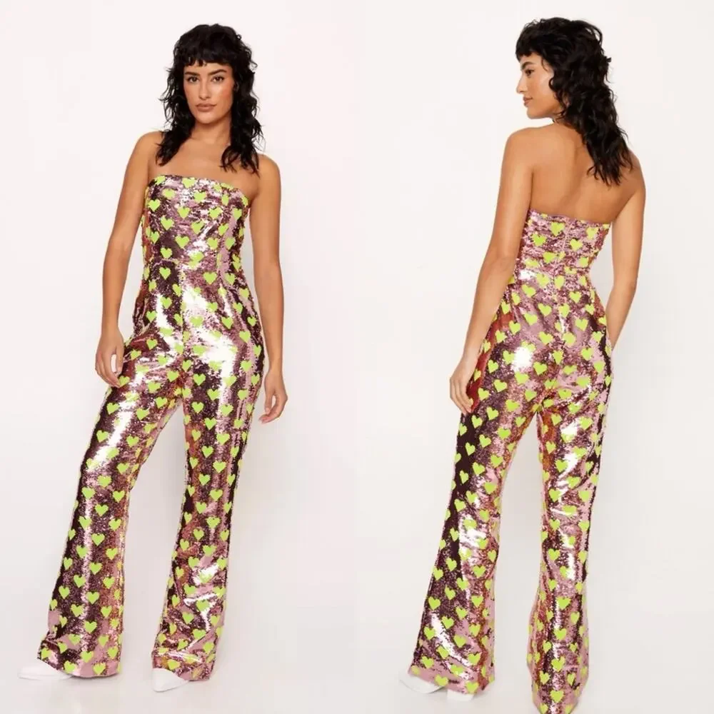 NWT Nasty gal tailored sequin heart jumpsuit pink sz 4 - Picture 1 of 7